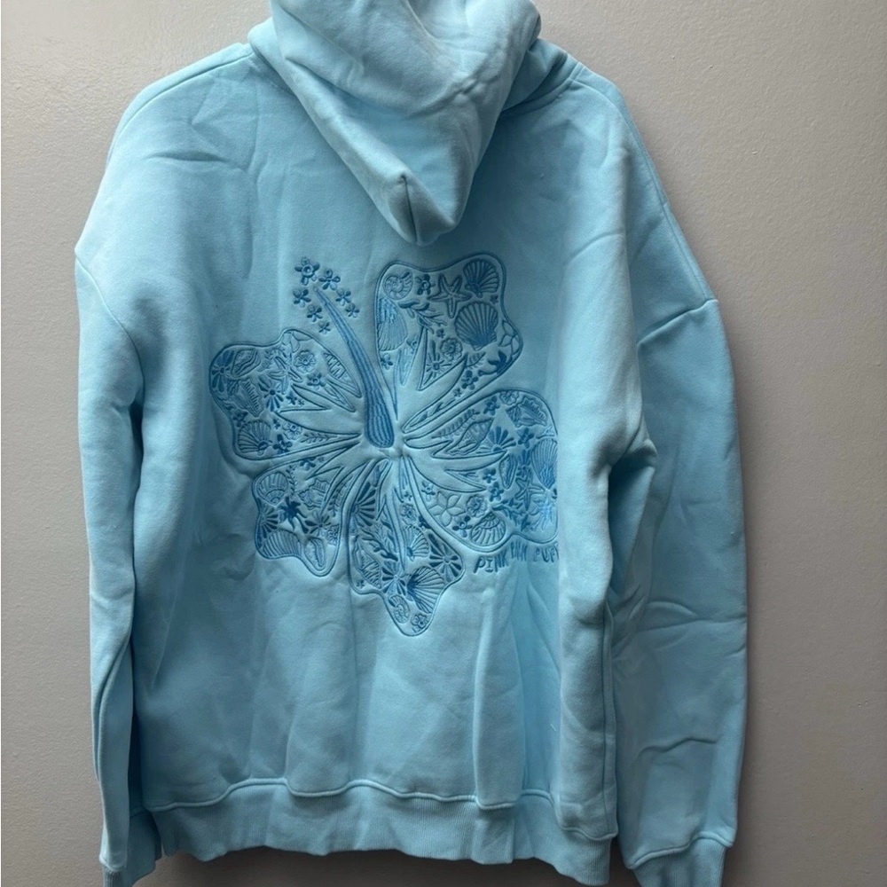 Pink Palm Puff Hawaii Hibiscus Hoodie in Aquamarine XL